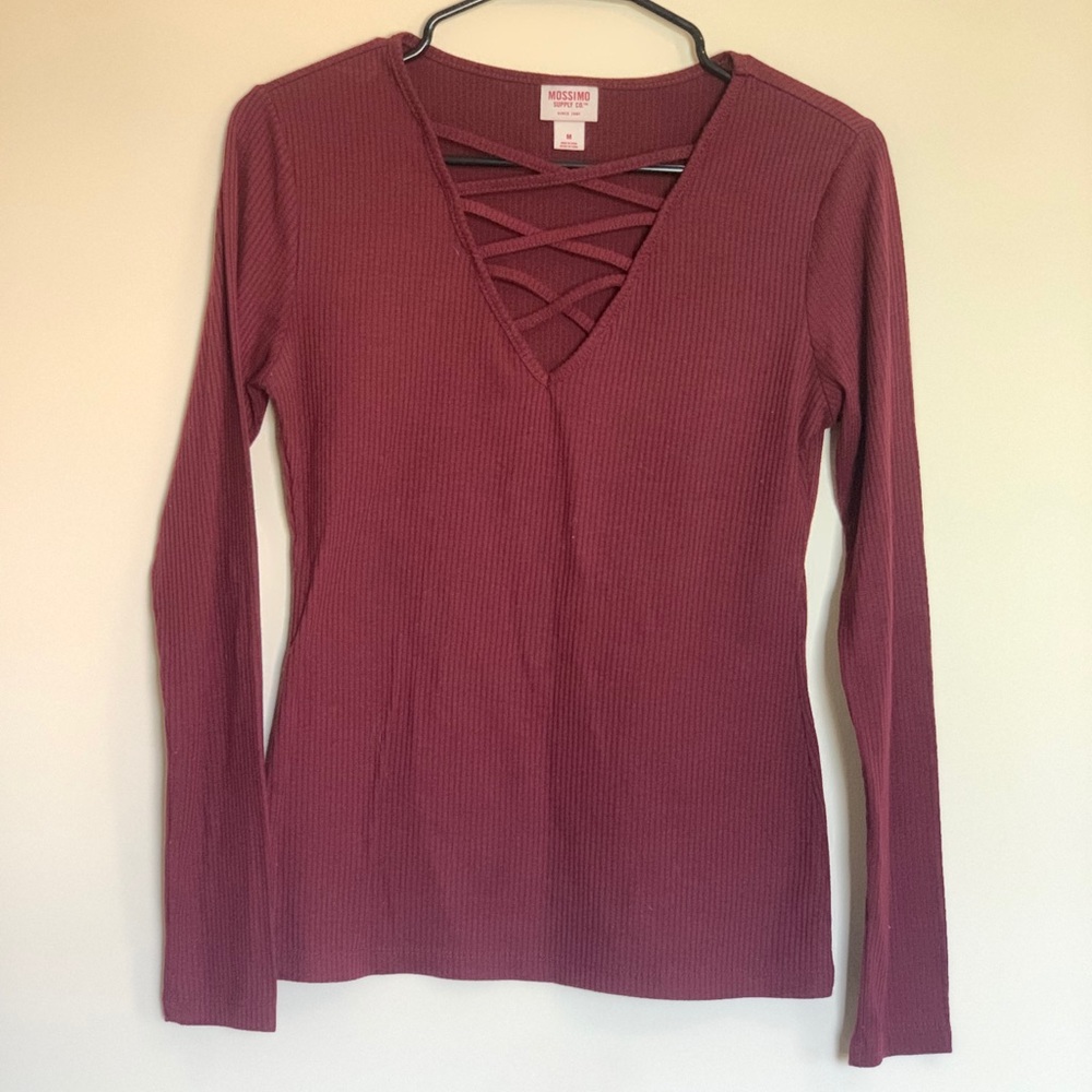 Long Sleeve Maroon Ribbed Knit Top